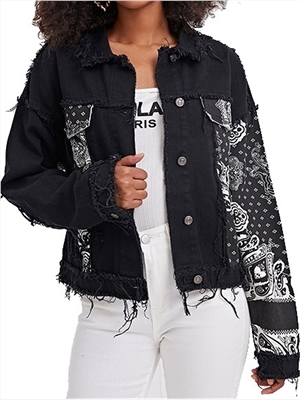 Women Denim jacket new print ripped lapel jacket