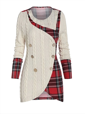 New plaid stitching knitted sweater with long sleeves