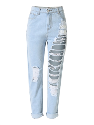 Ladies ripped denim loose straight trousers cropped trousers