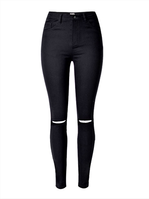High-waist slim-fit stretch denim trousers with ripped knees