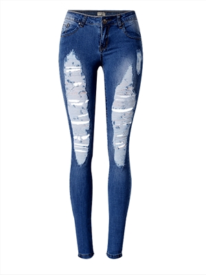Low-rise stretch slim-fit denim pants with irregular edges and frayed edges