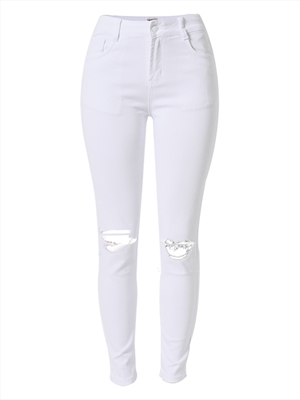 New solid color high waist slim stretch denim pants with holes in the knees