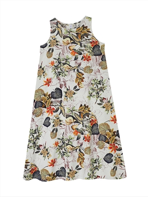 Printed loose cotton and linen round neck sleeveless dress plus size women's long dress