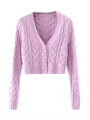 V-neck solid color cardigan sweater plush velvet buckle short high-waist cropped stretch slim-fit sweater