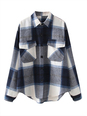 Checked double pocket loose long sleeve blouse