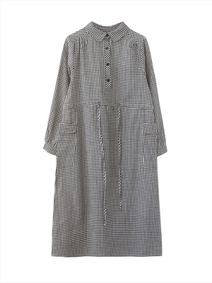 Stitching cotton and linen plaid long-sleeved dress women's lace-up waist mid-length