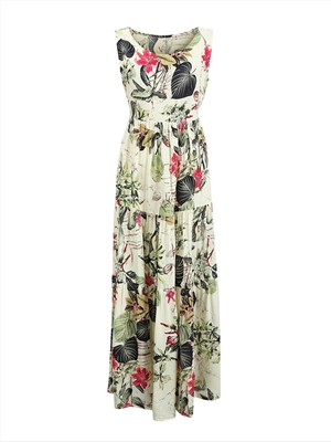 Ladies Vintage Floral Print Sleeveless Round Neck Dress