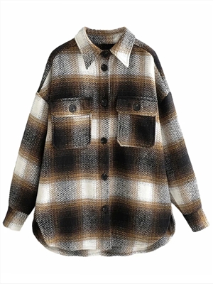 Loose double-pocket long-sleeved woolen plaid jacket