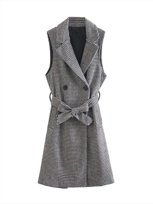 Houndstooth belt sleeveless long trench coat