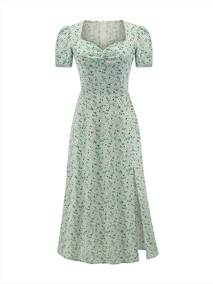 Square neck puff sleeve split dress oil painting floral dress summer
