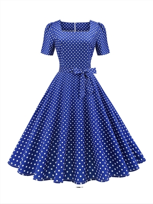 Casual Short Sleeve Square Neck Slim Retro Dot Print Dress with Belt