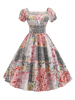 Retro casual printed dress with short sleeves and square collar